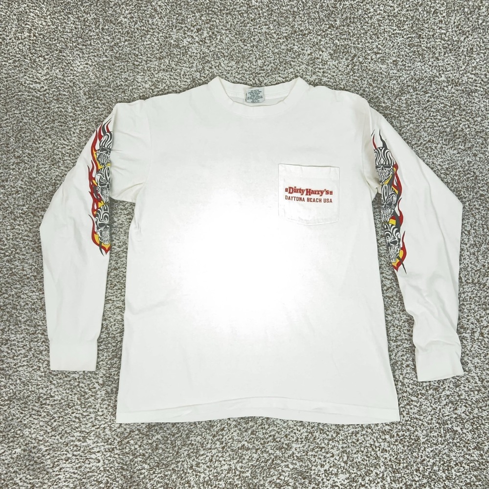 Vintage Daytona Bike Week Shirt Men Large White Skull Flames 2001 Dirty Harrys